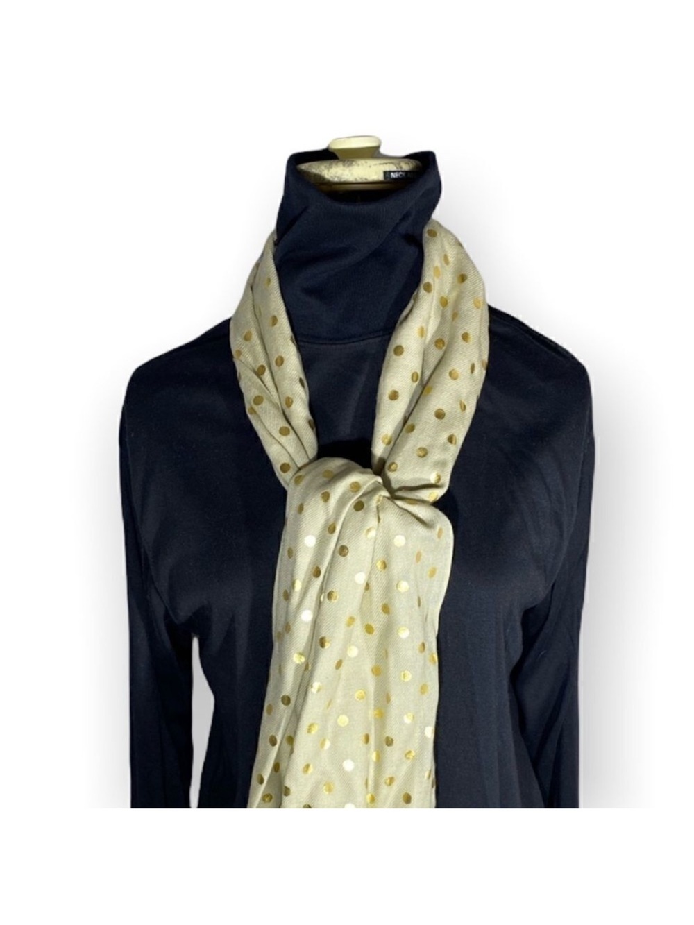 New JCrew 100% Wool Tan Scarf With Gold Polka Dots